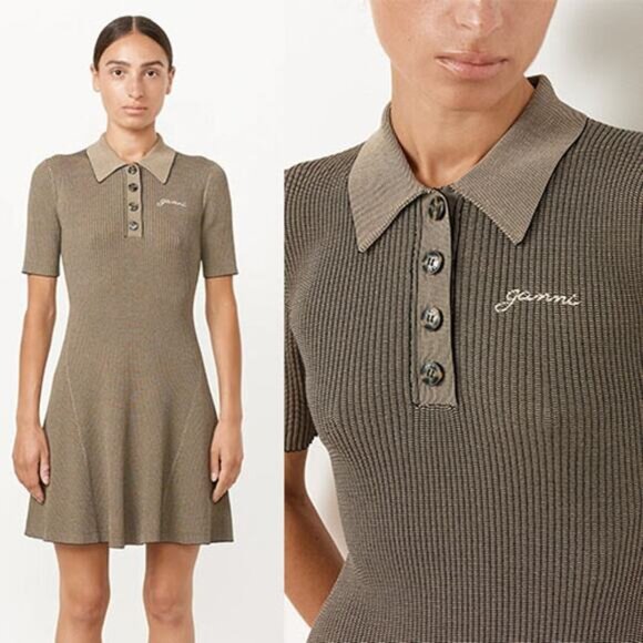 NEW Ganni Melange Collar Embroidered Short-Sleeve Knit Mini Dress Safari Size: M - Picture 8 of 8
